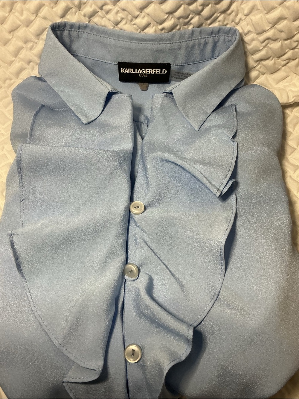 Karl Lagerfeld Paris Blue Ruffle Front Blouse Size Small Long Sleeve